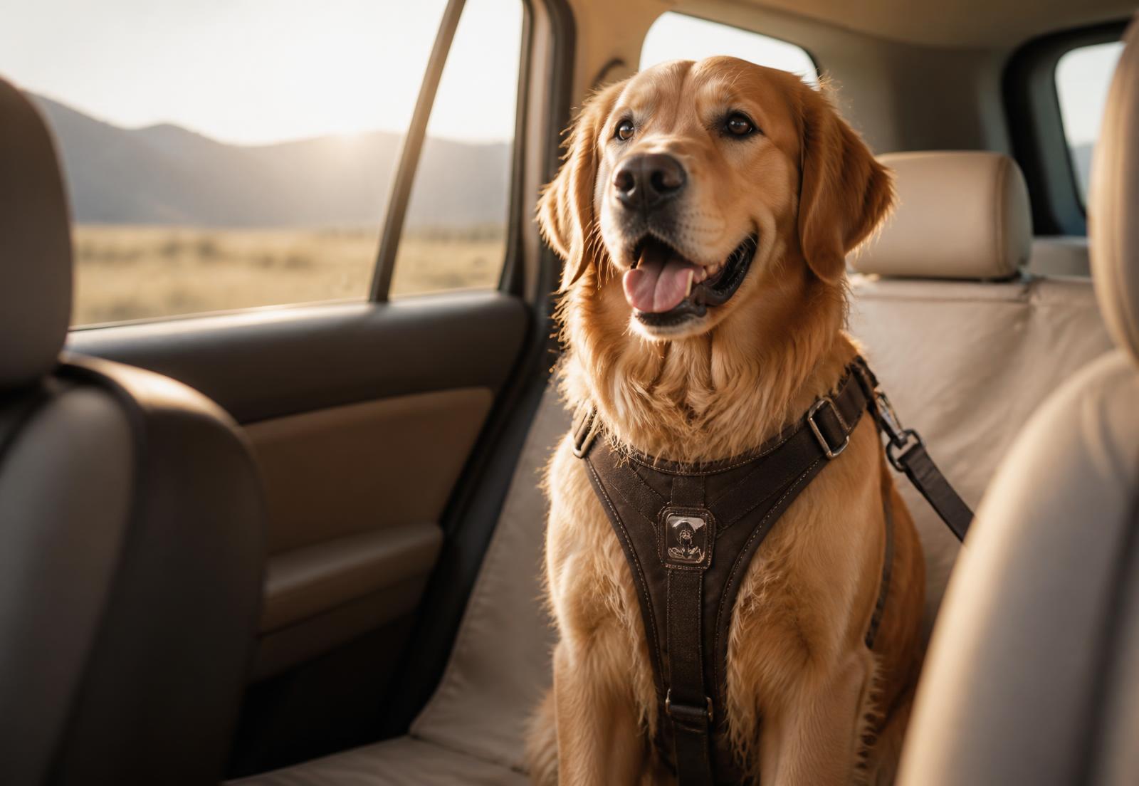 Chien attaché avec un harnais de sécurité sur la banquette arrière d'une voiture